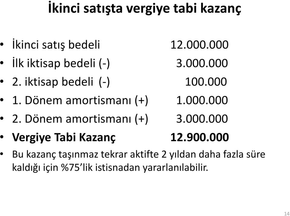 Dönem amortismanı (+) 1.000.000 2. Dönem amortismanı (+) 3.000.000 Vergiye Tabi Kazanç 12.