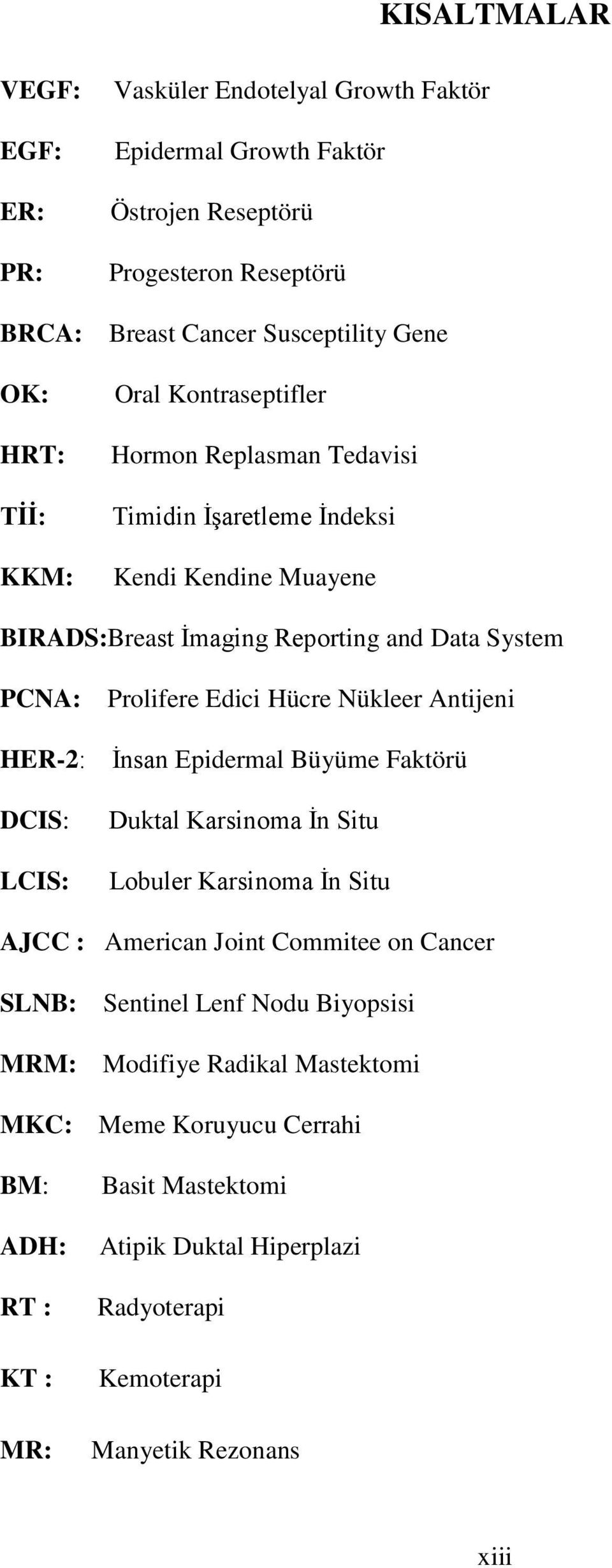 Hücre Nükleer Antijeni HER-2: DCIS: LCIS: İnsan Epidermal Büyüme Faktörü Duktal Karsinoma İn Situ Lobuler Karsinoma İn Situ AJCC : American Joint Commitee on Cancer SLNB: Sentinel