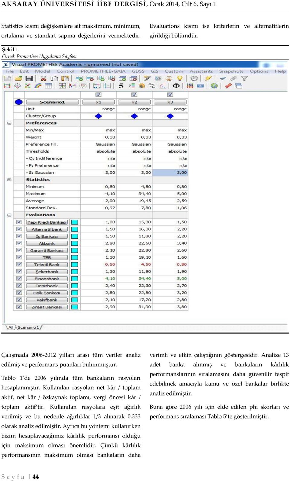 Örnek Promethee Uygulama Sayfası Çalışmada 2006-2012 yılları arası tüm veriler analiz edilmiş ve performans puanları bulunmuştur. Tablo 1 de 2006 yılında tüm bankaların rasyoları hesaplanmıştır.