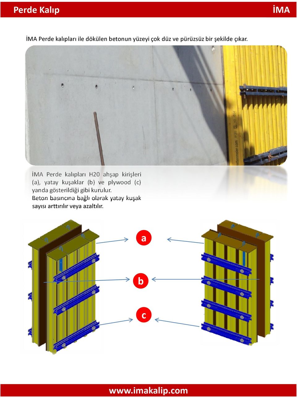 Perde kalıpları H20 ahşap kirişleri (a), yatay kuşaklar (b) ve plywood