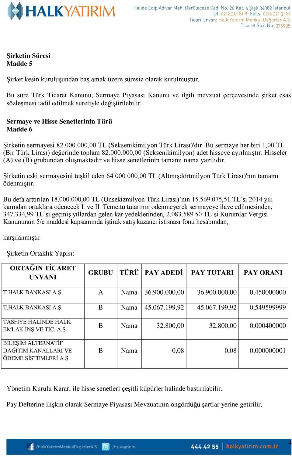 Sermaye ve Hisse Senetlerinin Türü Madde 6 Şirketin sermayesi 82.000.000,00 TL (Seksenikimilyon Türk Lirası)'dır. Bu sermaye her biri 1,00 TL (Bir Türk Lirası) değerinde toplam 82.000.000,00 (Seksenikimilyon) adet hisseye ayrılmıştır.