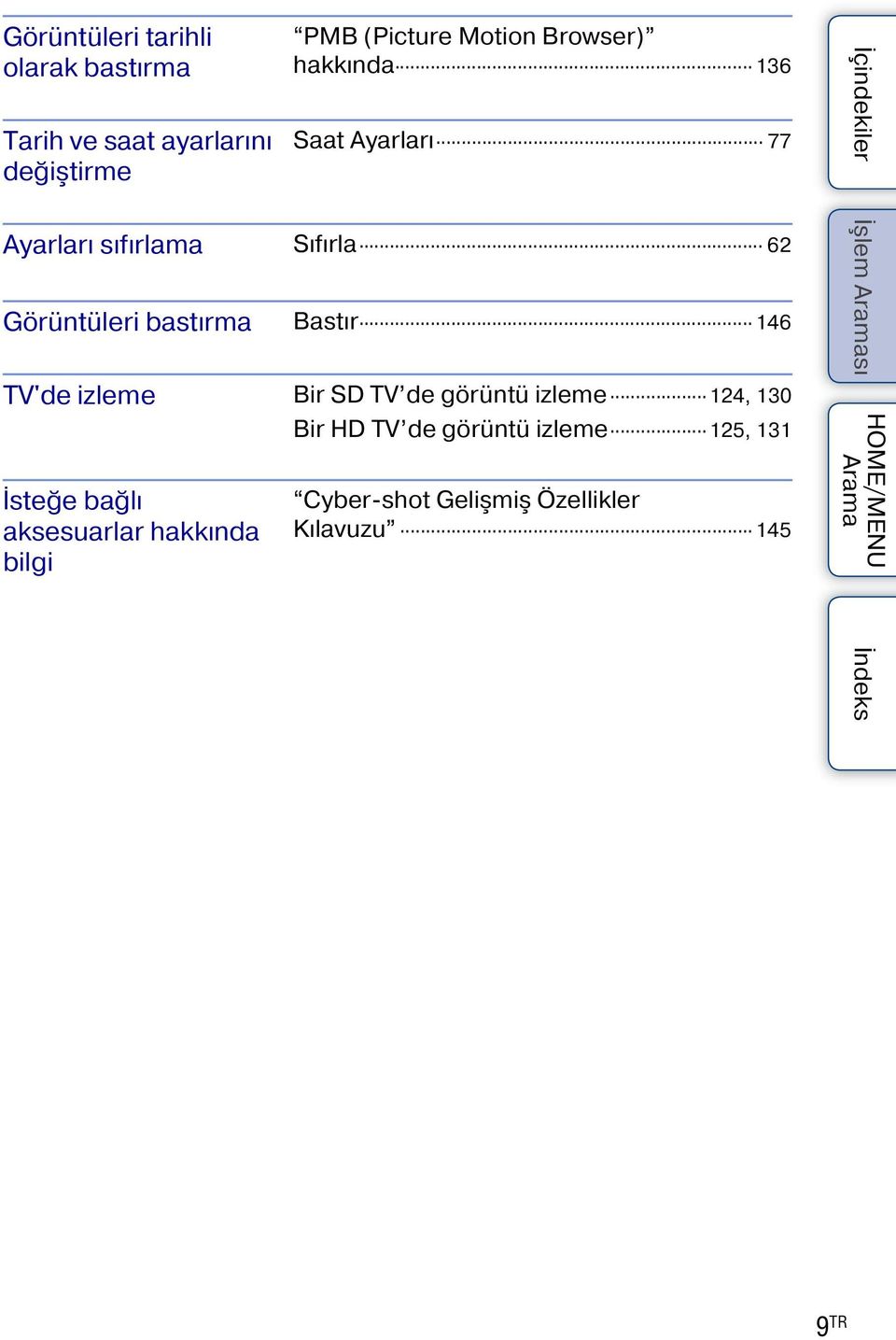 Bastır 146 TV'de izleme Bir SD TV de görüntü izleme 124, 130 Bir HD TV de görüntü izleme