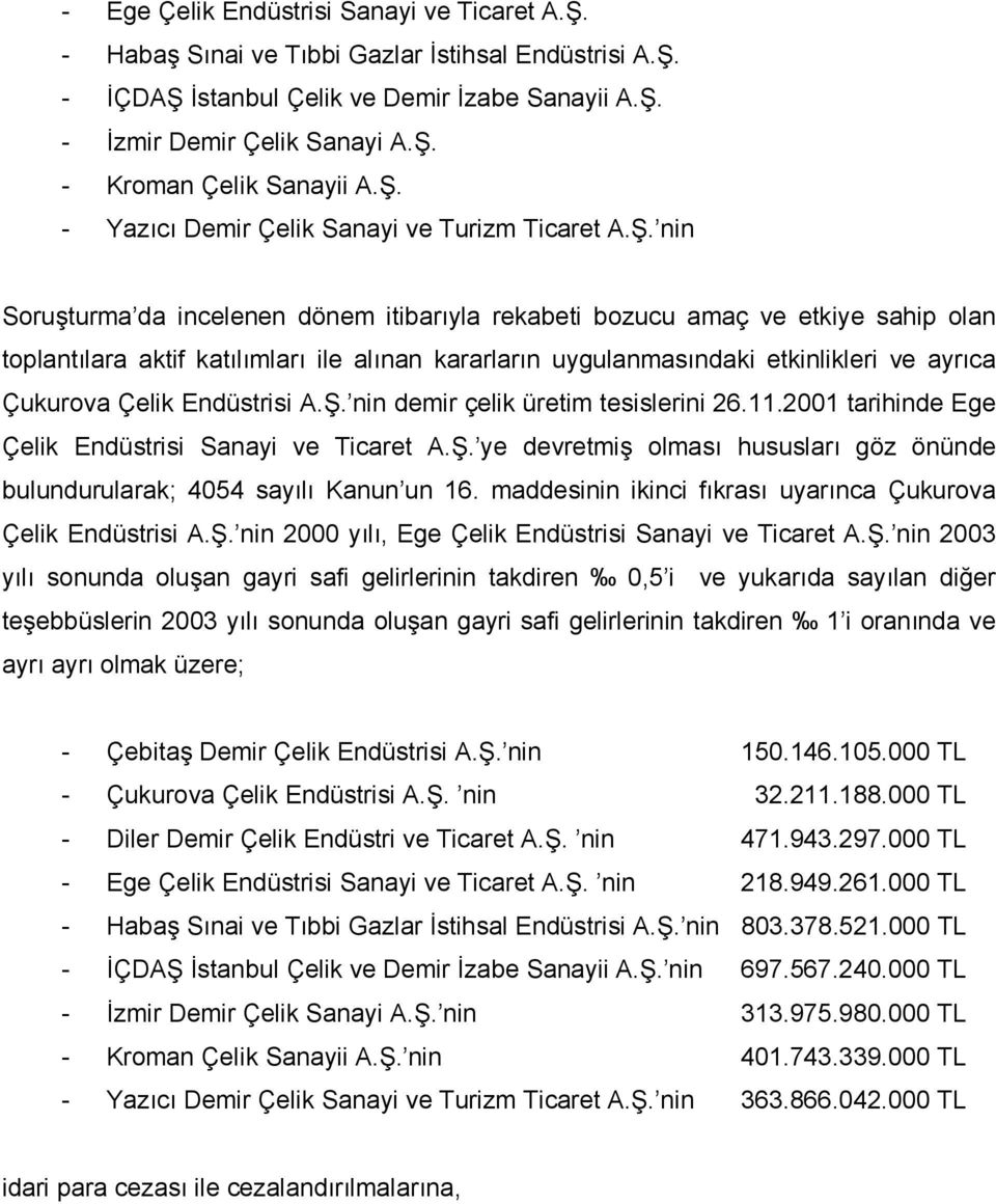 uygulanmasındaki etkinlikleri ve ayrıca Çukurova Çelik Endüstrisi A.Ş. nin demir çelik üretim tesislerini 26.11.2001 tarihinde Ege Çelik Endüstrisi Sanayi ve Ticaret A.Ş. ye devretmiş olması hususları göz önünde bulundurularak; 4054 sayılı Kanun un 16.