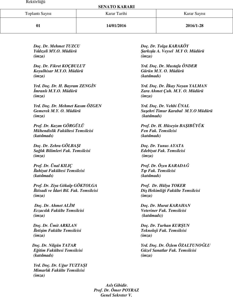 Fak. Temsilcisi Doç. Dr. Ahmet ALİM Eczacılık Fakülte Temsilcisi Doç. Dr. Ümit ARKLAN İletişim Fakülte Temsilcisi Doç. Dr. Nilgün TATAR Eğitim Fakültesi Temsilcisi Doç. Dr. Tolga KARAKÖY Şarkışla A.