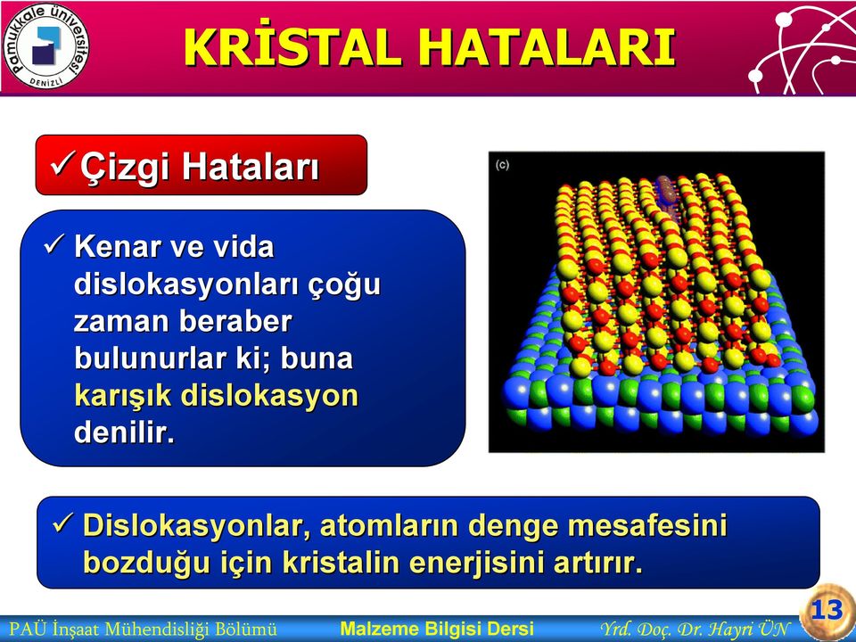 Dislokasyonlar,, atomların n denge mesafesini bozduğu u için i in kristalin