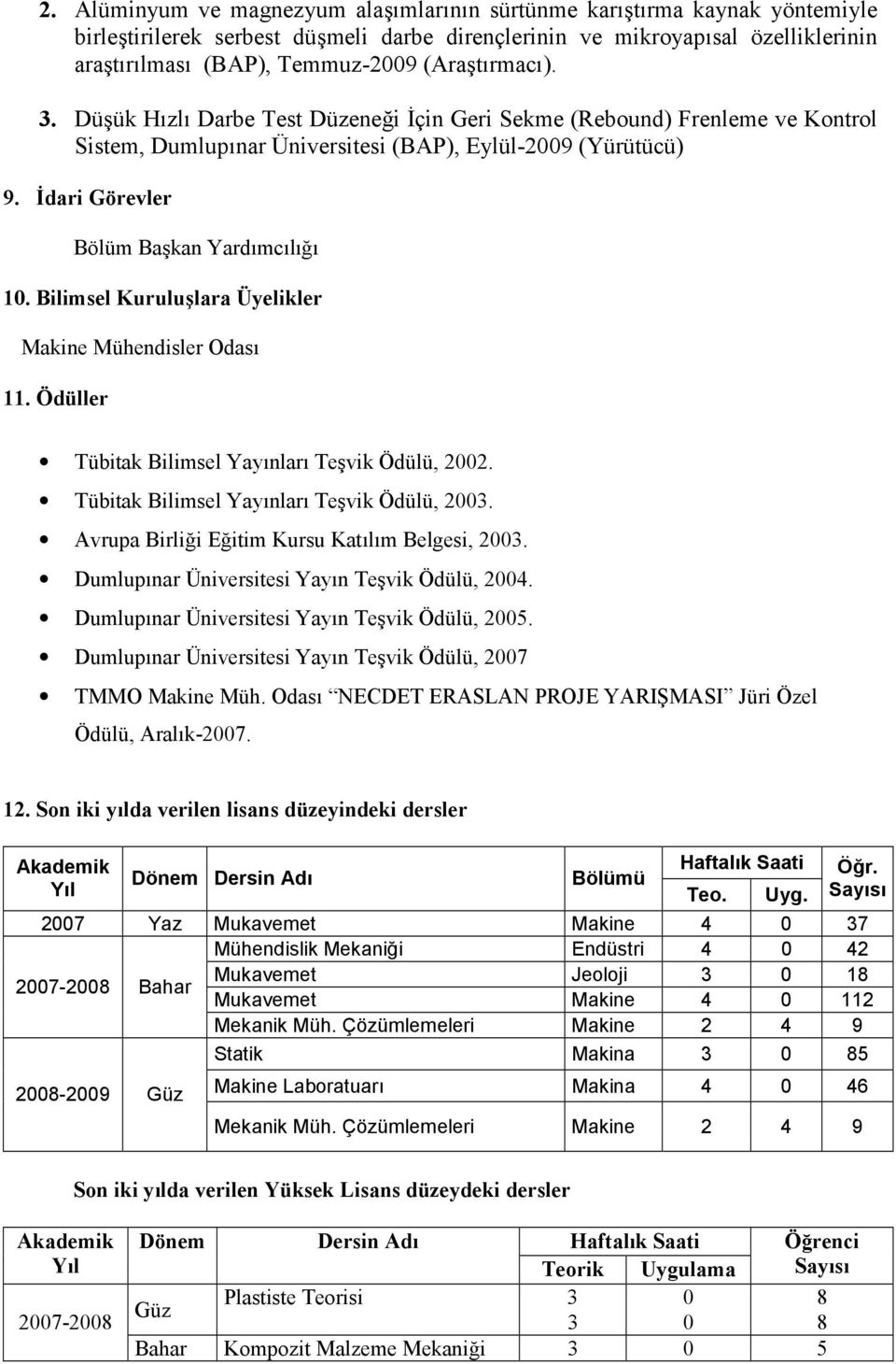 dari Görevler Bölüm Ba,kan Yard0mc0l0C0 10. Bilimsel Kurulu>lara Üyelikler Makine Mühendisler Odas0 11. Ödüller Tübitak Bilimsel Yay0nlar0 Te,vik Ödülü, 2002.