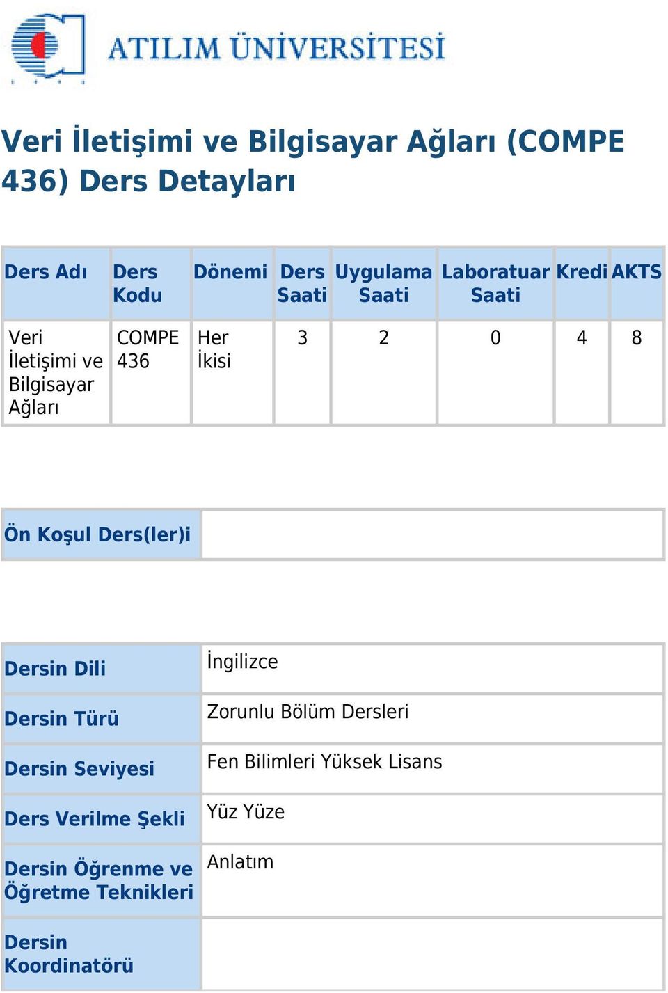 Ön Koşul Ders(ler)i Dersin Dili İngilizce Dersin Türü Dersin Seviyesi Ders Verilme Şekli Dersin Öğrenme