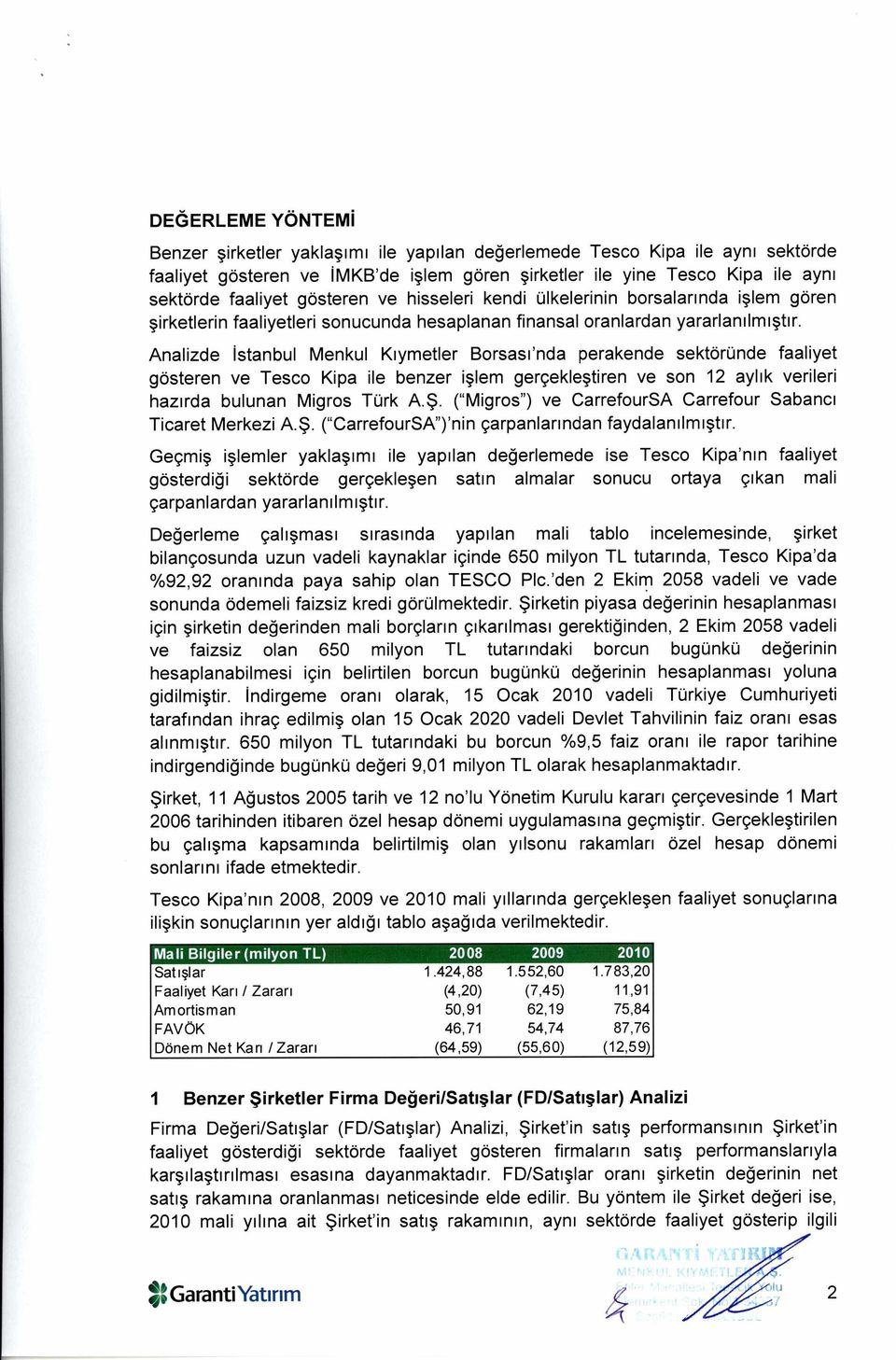 Analizde İ stanbul Menkul K ı ymetler Borsas ı 'nda perakende sektöründe faaliyet gösteren ve Tesco Kipa ile benzer i şlem gerçekle ştiren ve son 12 ayl ı k verileri haz ı rda bulunan Migros Türk A.