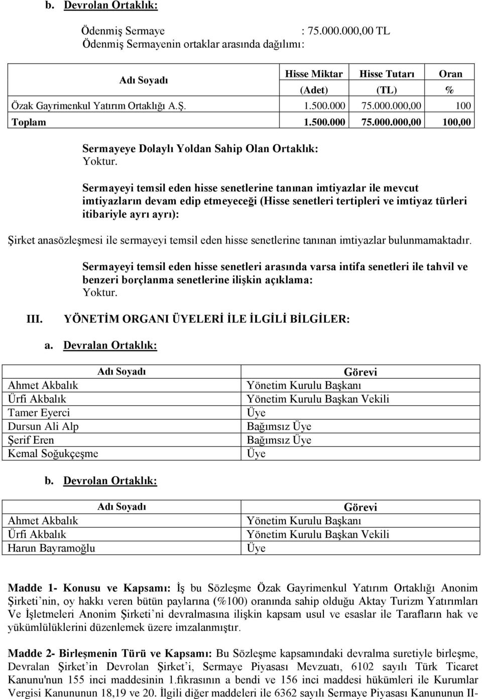 etmeyeceği (Hisse senetleri tertipleri ve imtiyaz türleri itibariyle ayrı ayrı): Şirket anasözleşmesi ile sermayeyi temsil eden hisse senetlerine tanınan imtiyazlar bulunmamaktadır.