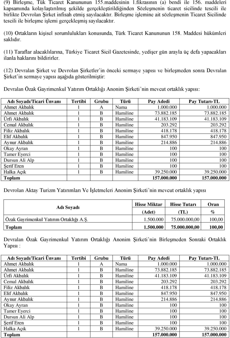 Birleşme işlemine ait sözleşmenin Ticaret Sicilinde tescili ile birleşme işlemi gerçekleşmiş sayılacaktır. (10) Ortakların kişisel sorumlulukları konusunda, Türk Ticaret Kanununun 158.