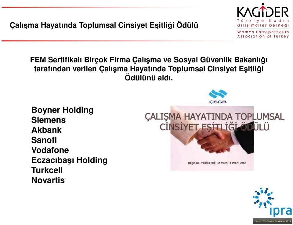 Çalışma Hayatında Toplumsal Cinsiyet Eşitliği Ödülünü aldı.