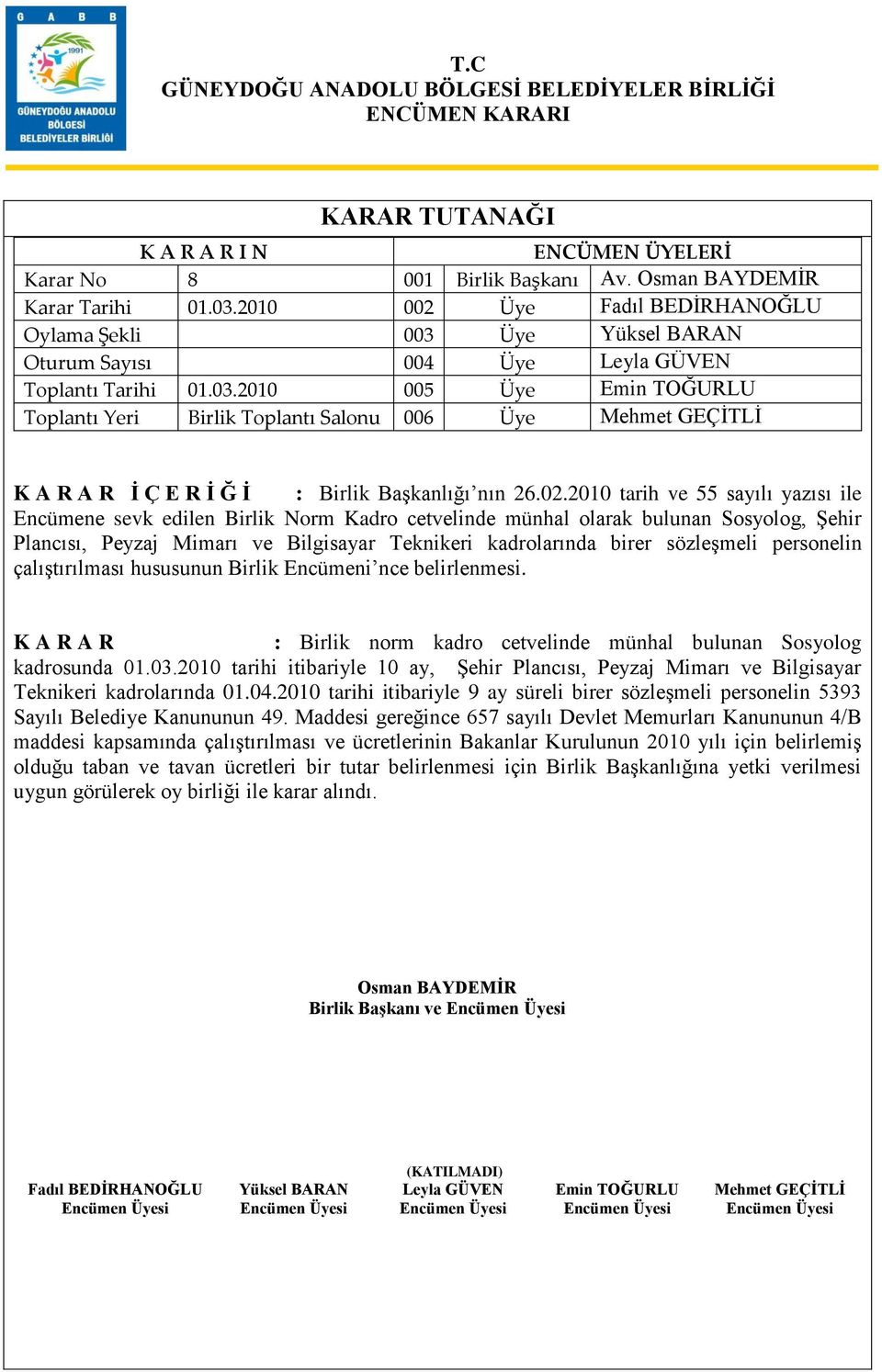 sözleģmeli personelin çalıģtırılması hususunun Birlik Encümeni nce belirlenmesi. : Birlik norm kadro cetvelinde münhal bulunan Sosyolog kadrosunda 01.03.