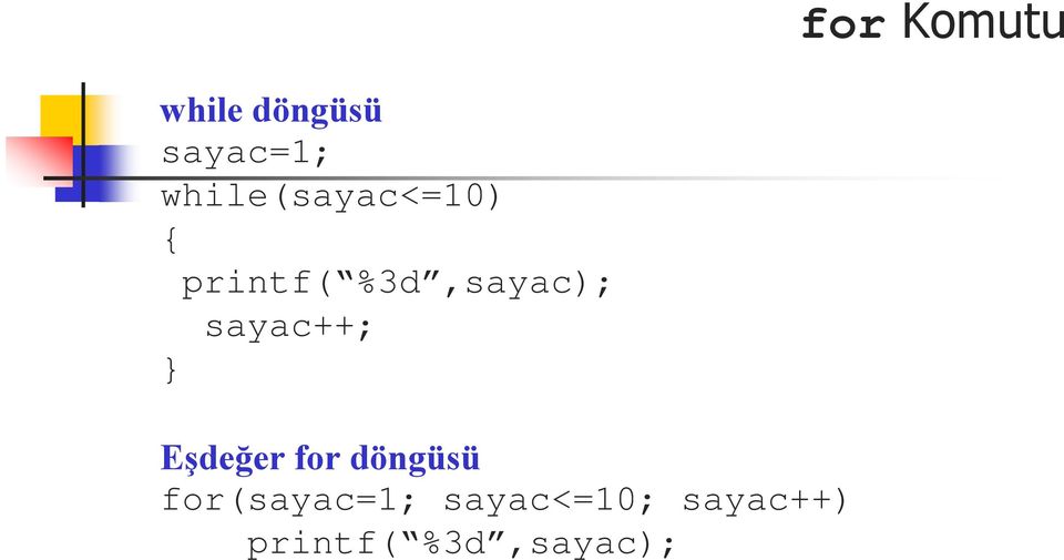 sayac++; Eşdeğer for döngüsü