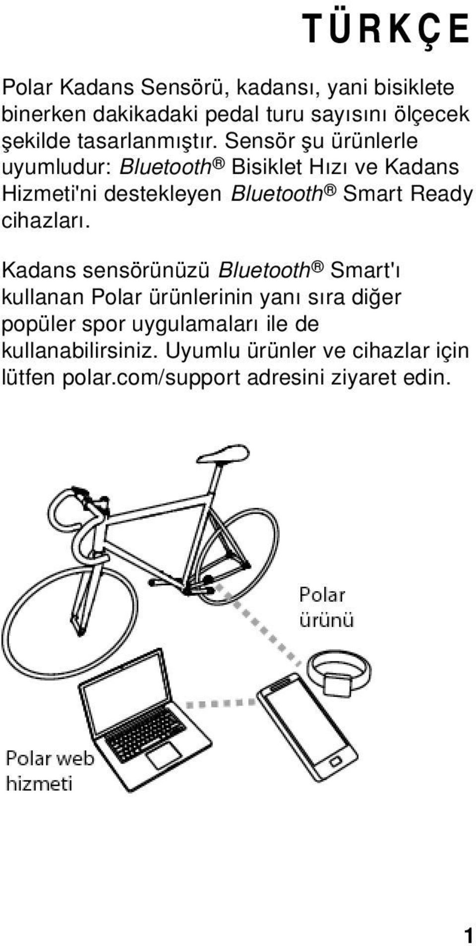 Sensör şu ürünlerle uyumludur: Bluetooth Bisiklet Hızı ve Kadans Hizmeti'ni destekleyen Bluetooth Smart Ready