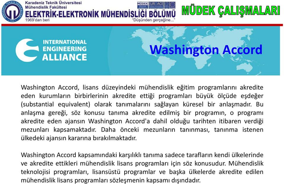 Bu anlaşma gereği, söz konusu tanıma akredite edilmiş bir programın, o programı akredite eden ajansın Washington Accord'a dahil olduğu tarihten itibaren verdiği mezunları kapsamaktadır.