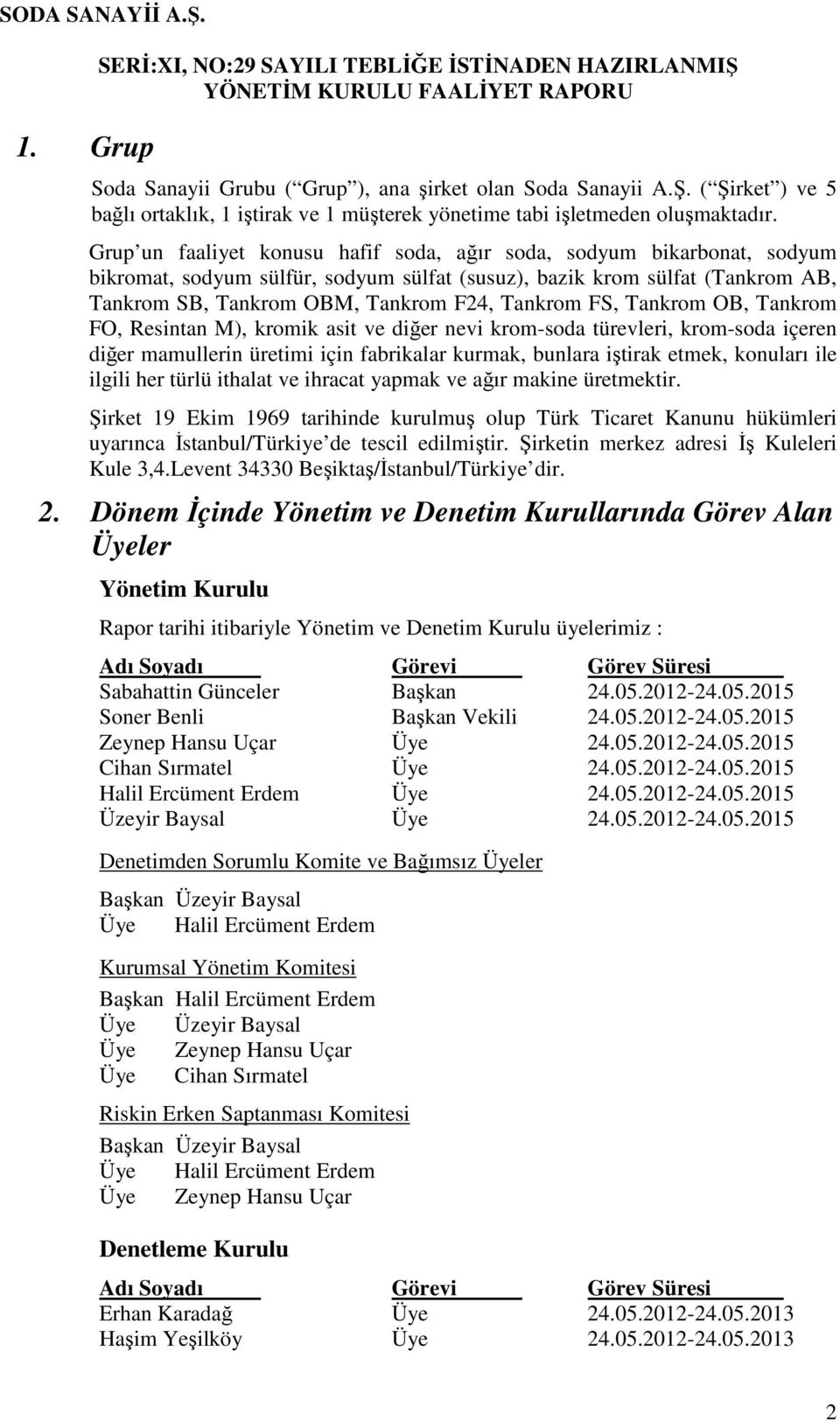 FS, Tankrom OB, Tankrom FO, Resintan M), kromik asit ve diğer nevi krom-soda türevleri, krom-soda içeren diğer mamullerin üretimi için fabrikalar kurmak, bunlara iştirak etmek, konuları ile ilgili