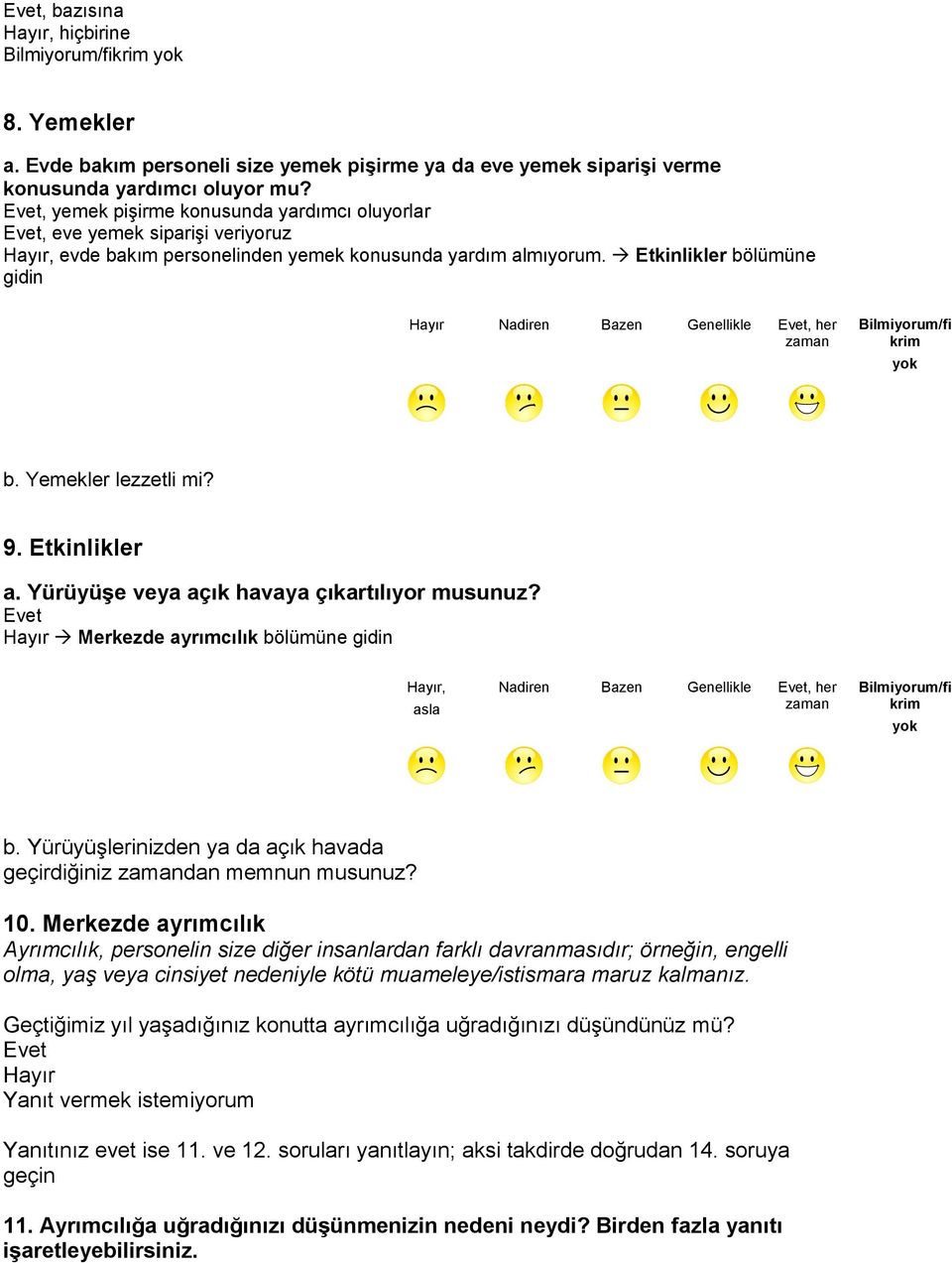 Yemekler lezzetli mi? 9. Etkinlikler a. Yürüyüşe veya açık havaya çıkartılıyor musunuz? Merkezde ayrımcılık bölümüne gidin, Nadiren Bazen Genellikle, her b.