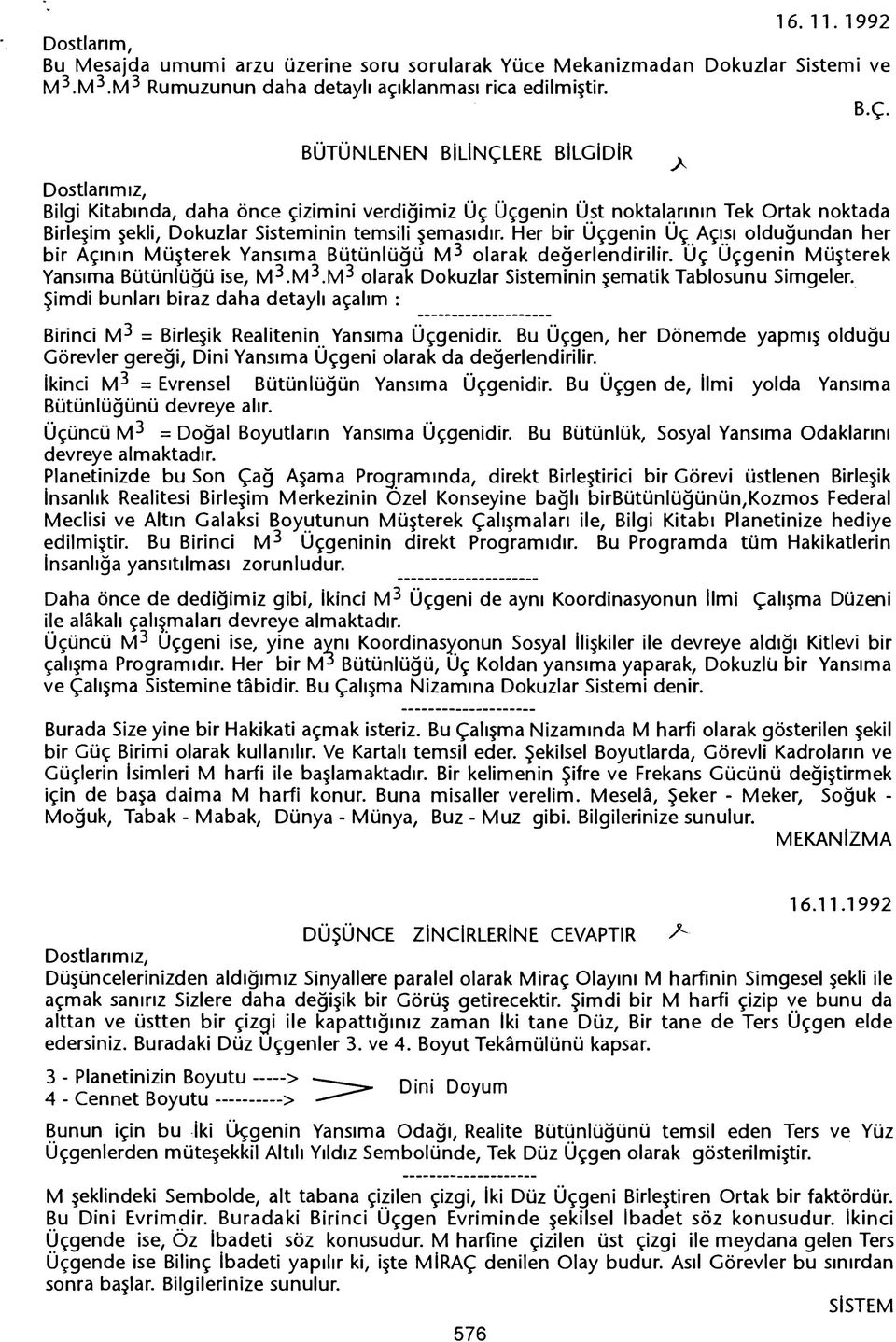 Her bir Uçgenin Uç Açisi oldugundan her bir Açinin Müsterek Yansima Bütünlügü M3 olarak degerlendirilir. Üç Üçgenin Müsterek Yansima Bütünlügü ise, M3.M3.M3 olarak Dokuzlar Sisteminin sematik Tablosunu Simgeler.