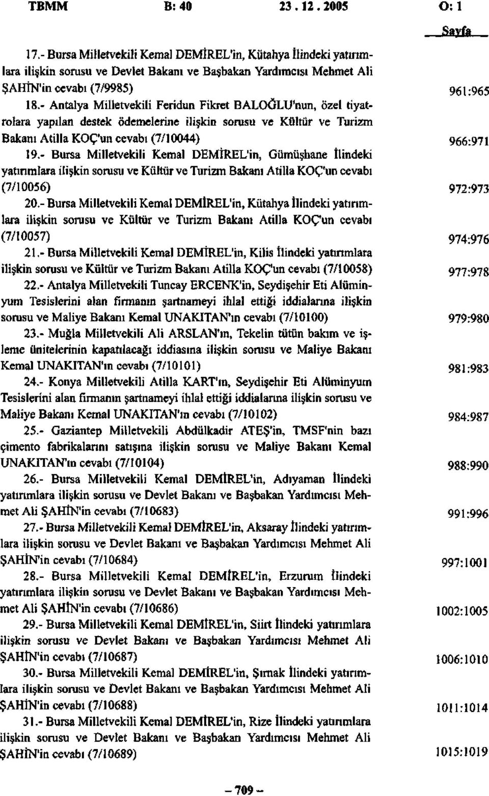 - Antalya Milletvekili Feridun Fikret BALOĞLU'nun, özel tiyatrolara yapılan destek ödemelerine ilişkin sorusu ve Kültür ve Turizm Bakanı Atilla KOÇ'un cevabı (7/10044) 966:971 19.