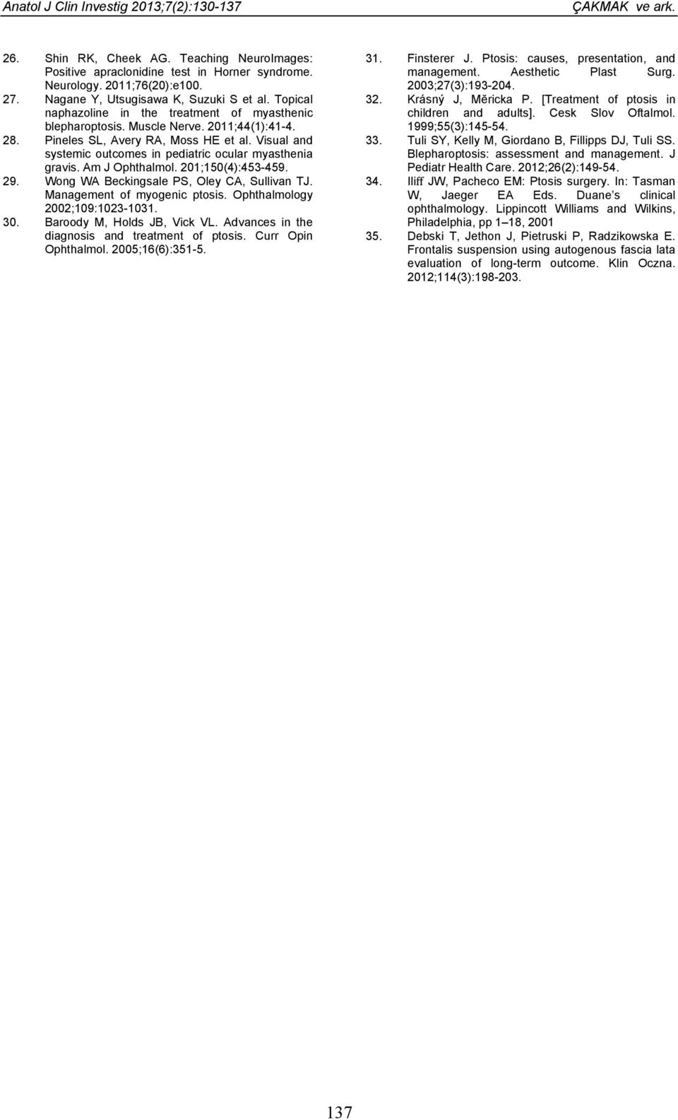 Visual and systemic outcomes in pediatric ocular myasthenia gravis. Am J Ophthalmol. 201;150(4):453-459. 29. Wong WA Beckingsale PS, Oley CA, Sullivan TJ. Management of myogenic ptosis.