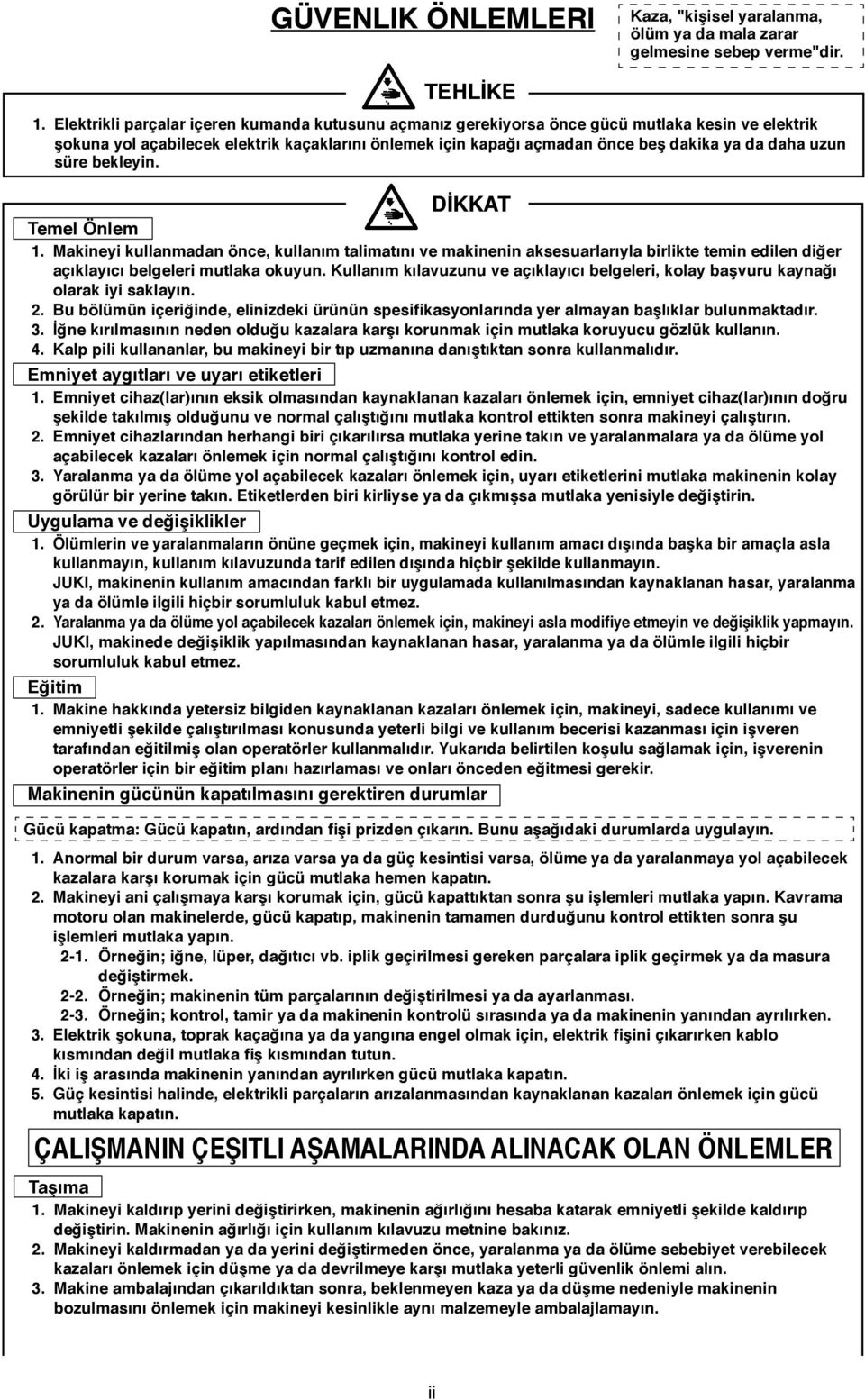 uzun süre bekleyin. DİKKAT Temel Önlem 1. Makineyi kullanmadan önce, kullanım talimatını ve makinenin aksesuarlarıyla birlikte temin edilen diğer açıklayıcı belgeleri mutlaka okuyun.