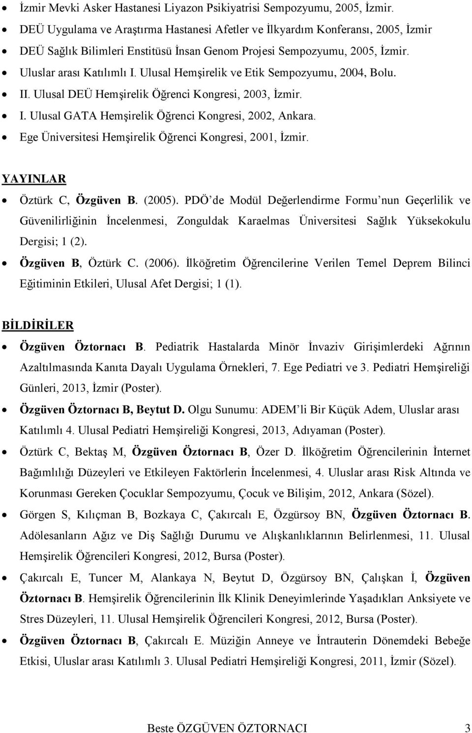 Ulusal Hemşirelik ve Etik Sempozyumu, 2004, Bolu. II. Ulusal DEÜ Hemşirelik Öğrenci Kongresi, 2003, İzmir. I. Ulusal GATA Hemşirelik Öğrenci Kongresi, 2002, Ankara.