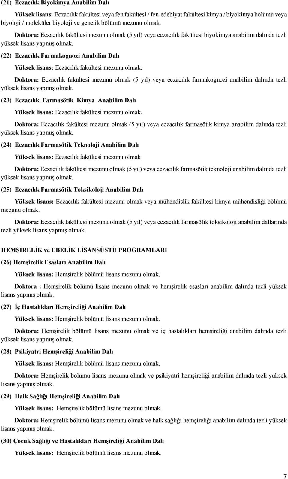 Doktora: Eczacılık fakültesi mezunu olmak (5 yıl) veya eczacılık fakültesi biyokimya anabilim dalında tezli (22) Eczacılık Farmakognozi Anabilim Dalı Yüksek lisans: Eczacılık fakültesi  Doktora: