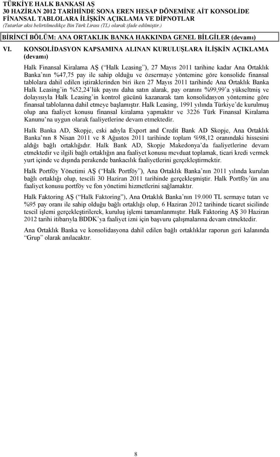 özsermaye yöntemine göre konsolide finansal tablolara dahil edilen iştiraklerinden biri iken 27 Mayıs 2011 tarihinde Ana Ortaklık Banka Halk Leasing in %52,24 lük payını daha satın alarak, pay