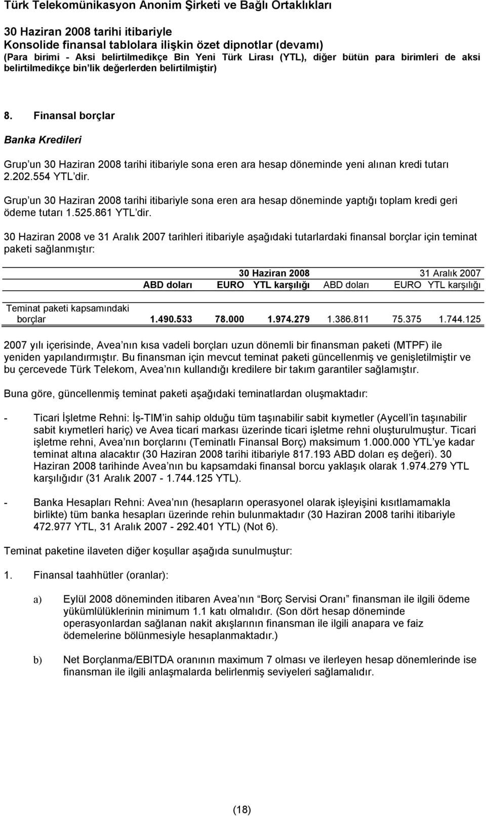 30 Haziran 2008 ve 31 Aralık 2007 tarihleri itibariyle aşağıdaki tutarlardaki finansal borçlar için teminat paketi sağlanmıştır: 30 Haziran 2008 31 Aralık 2007 ABD doları EURO YTL karşılığı ABD