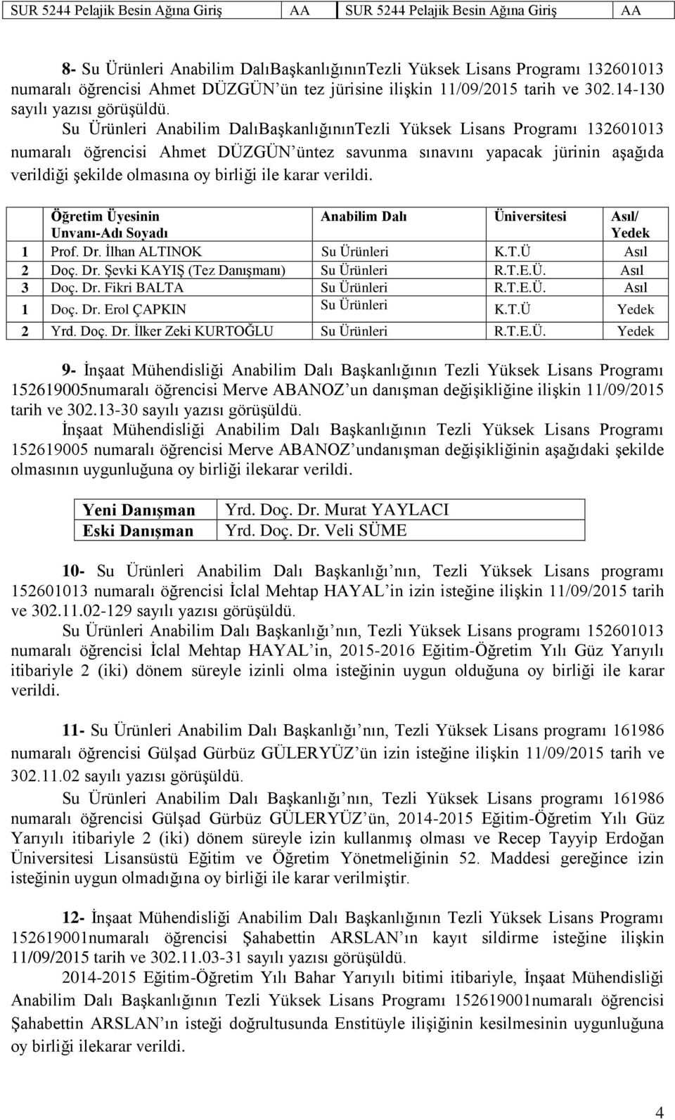 Su Ürünleri Anabilim DalıBaşkanlığınınTezli Yüksek Lisans Programı 132601013 numaralı öğrencisi Ahmet DÜZGÜN üntez savunma sınavını yapacak jürinin aşağıda verildiği şekilde olmasına oy birliği ile