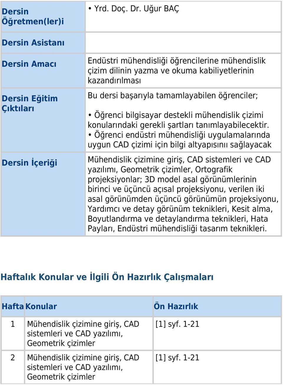 başarıyla tamamlayabilen öğrenciler; Öğrenci bilgisayar destekli mühendislik çizimi konularındaki gerekli şartları tanımlayabilecektir.