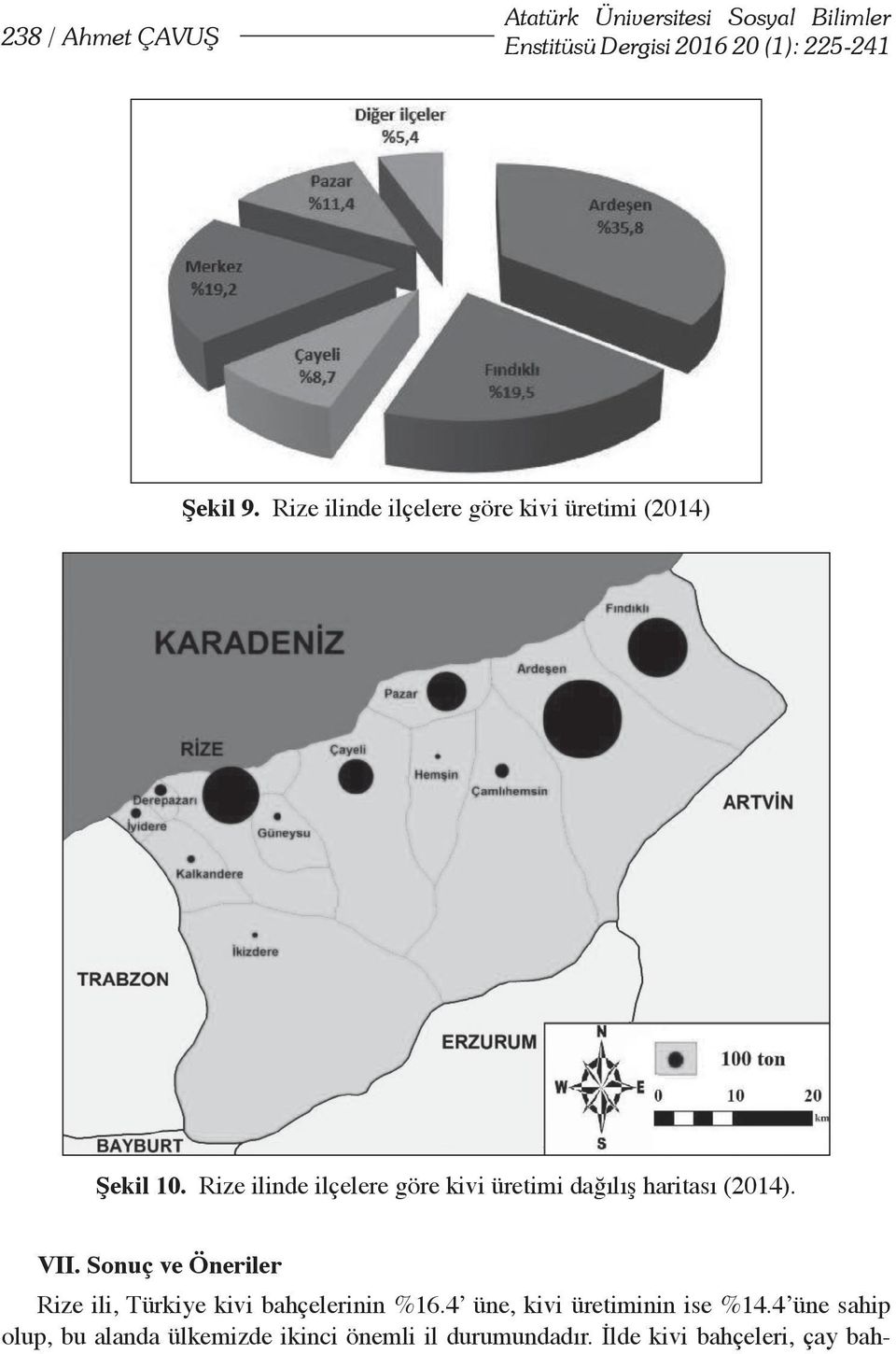 Rize ilinde ilçelere göre kivi üretimi dağılış haritası (2014). VII.