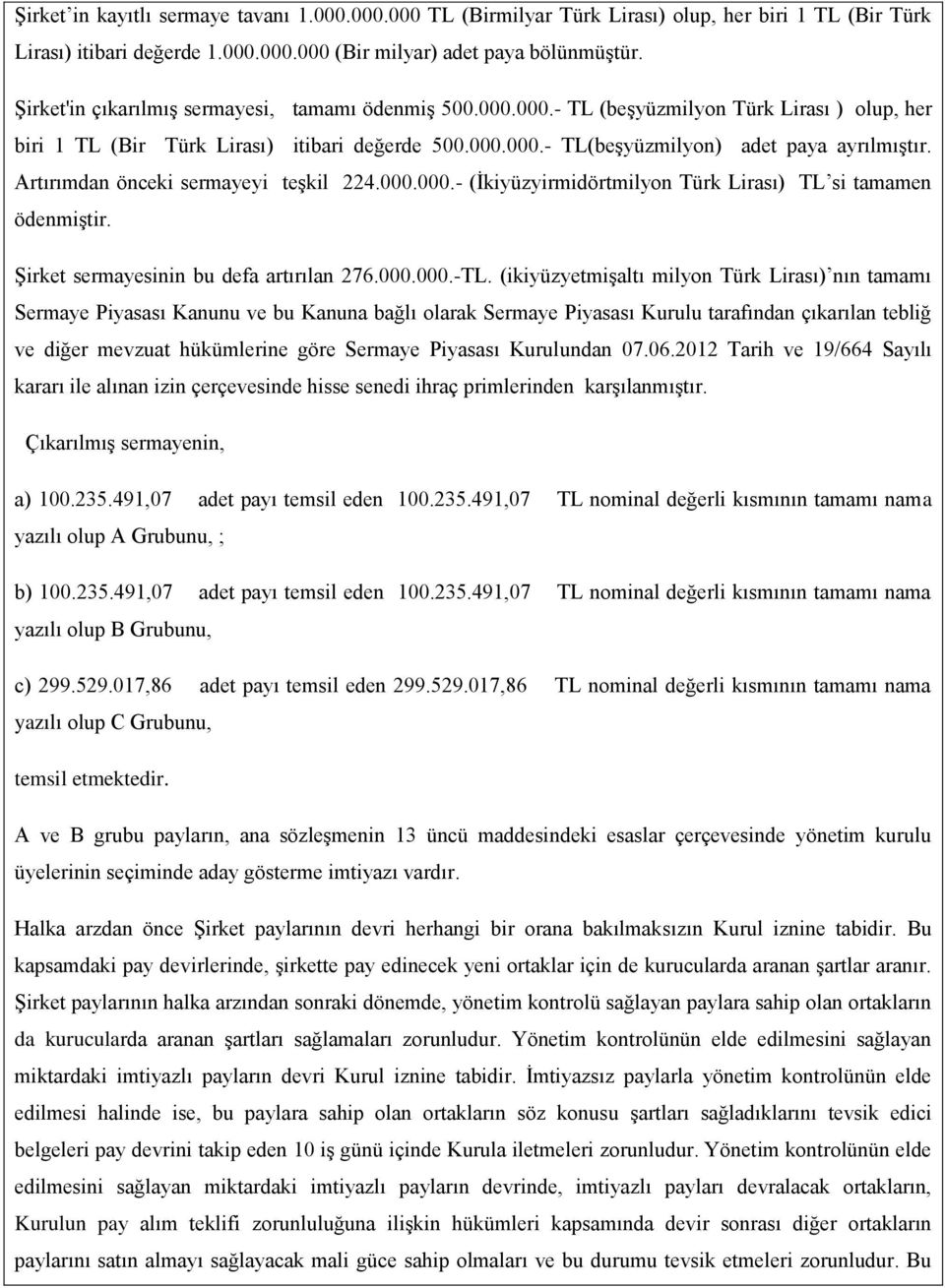 Artırımdan önceki sermayeyi teşkil 224.000.000.- (İkiyüzyirmidörtmilyon Türk Lirası) TL si tamamen ödenmiştir. Şirket sermayesinin bu defa artırılan 276.000.000.-TL.