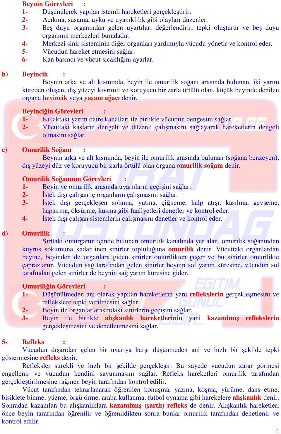 4- Merkezi sinir sisteminin diğer organları yardımıyla vücudu yönetir ve kontrol eder. 5- Vücudun hareket etmesini sağlar. 6- Kan basıncı ve vücut sıcaklığını ayarlar.