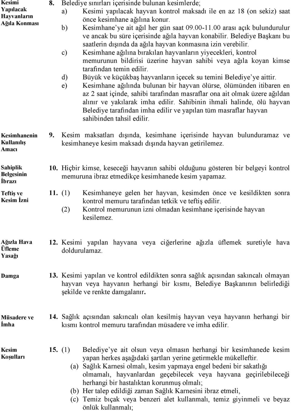 00 arası açık bulundurulur ve ancak bu süre içerisinde ağıla hayvan konabilir. Belediye Başkanı bu saatlerin dışında da ağıla hayvan konmasına izin verebilir.