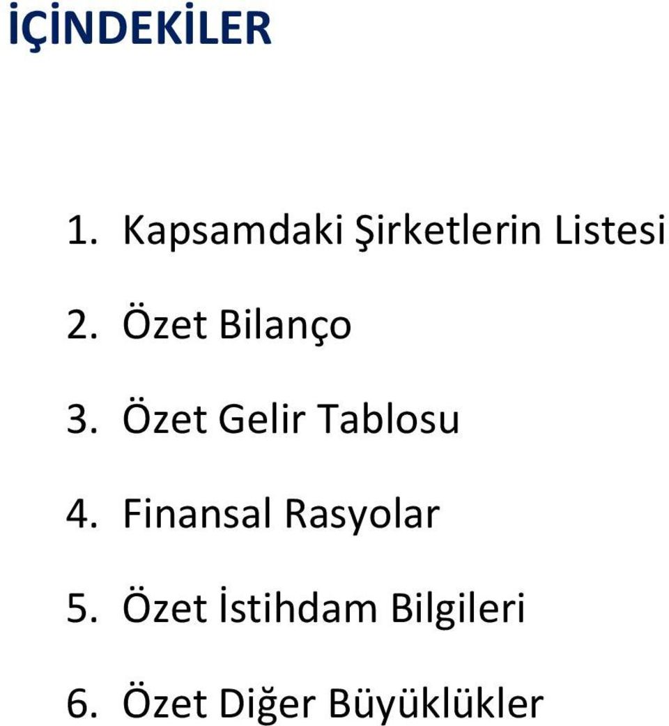 Özet Bilanço 3. Özet Gelir Tablosu 4.