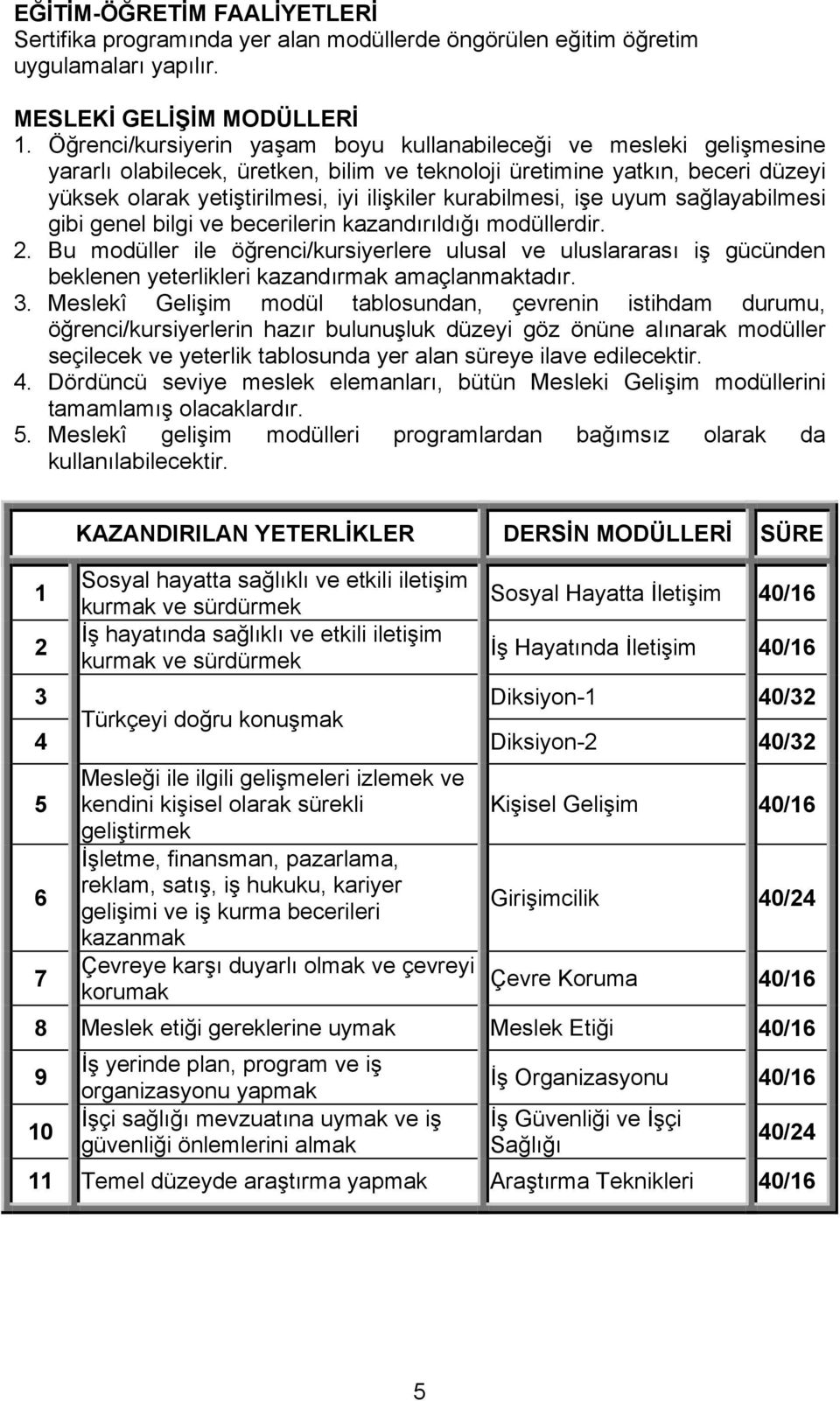 kurabilmesi, işe uyum sağlayabilmesi gibi genel bilgi ve becerilerin kazandırıldığı modüllerdir. 2.