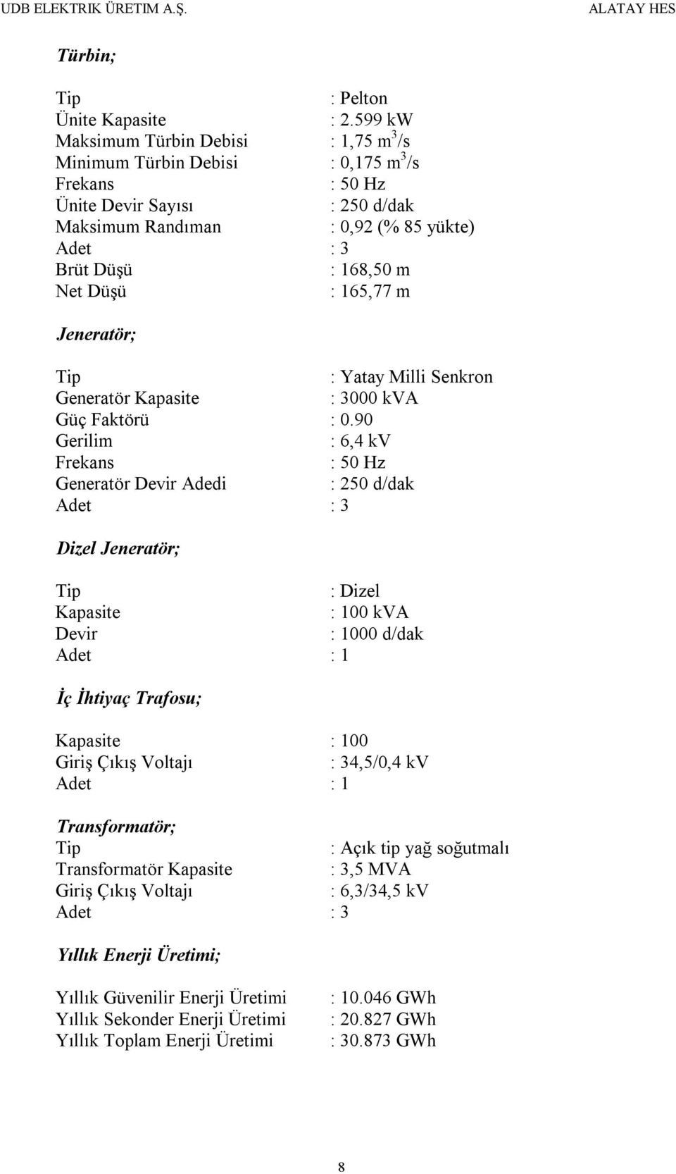 Düşü : 165,77 m Jeneratör; Tip : Yatay Milli Senkron Generatör Kapasite : 3000 kva Güç Faktörü : 0.