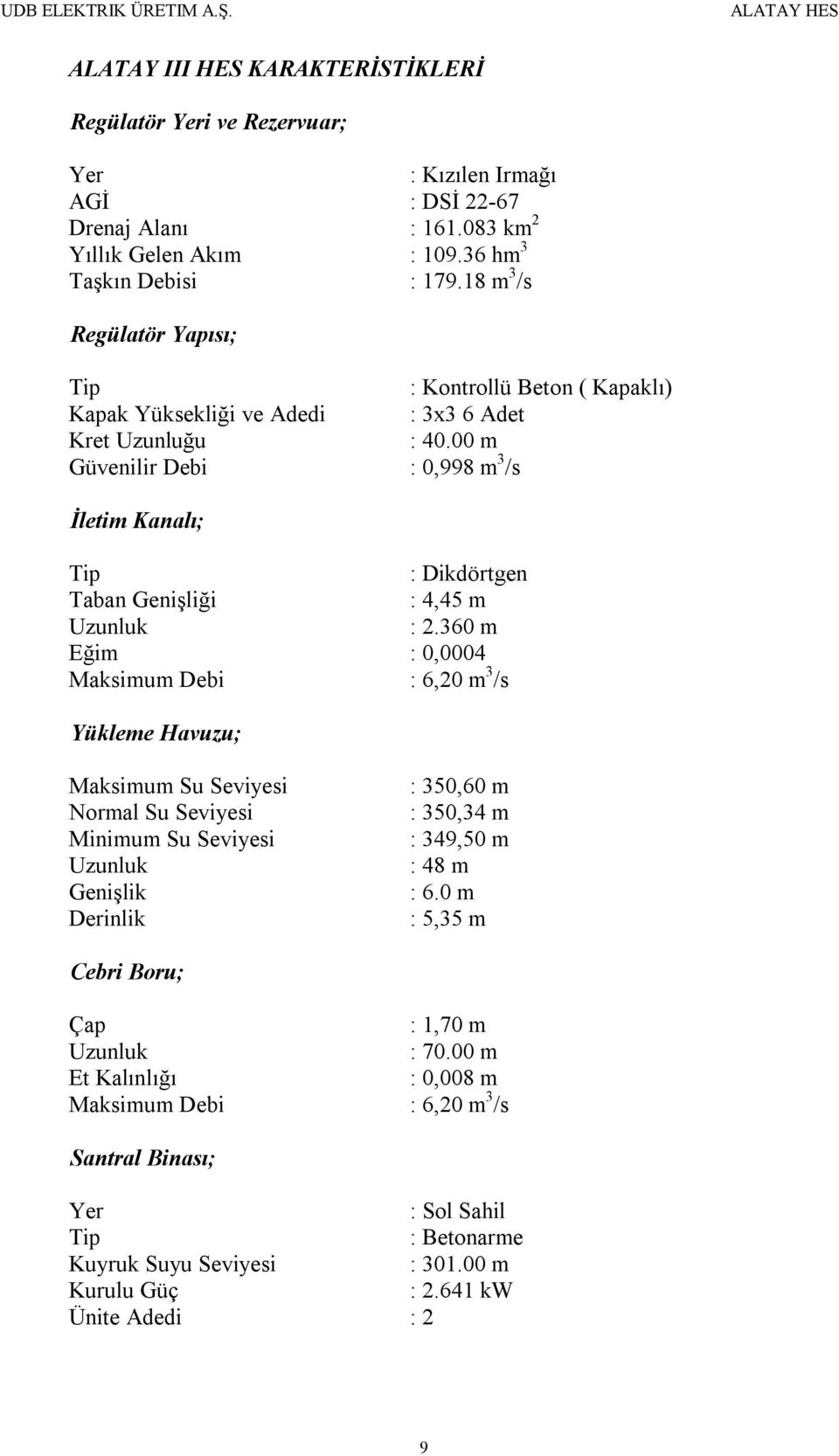 00 m Güvenilir Debi : 0,998 m 3 /s İletim Kanalı; Tip : Dikdörtgen Taban Genişliği : 4,45 m Uzunluk : 2.