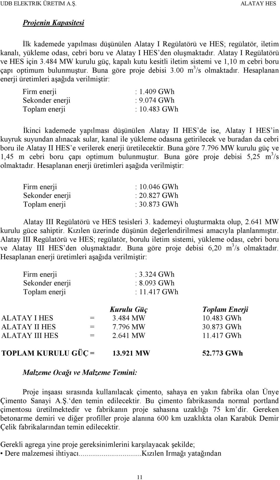 Hesaplanan enerji üretimleri aşağıda verilmiştir: Firm enerji Sekonder enerji Toplam enerji : 1.409 GWh : 9.074 GWh : 10.