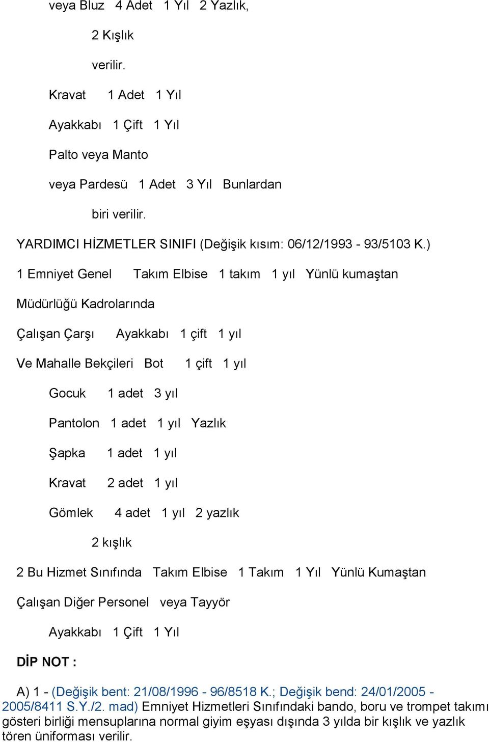 ) 1 Emniyet Genel Takım Elbise 1 takım 1 yıl Yünlü kumaģtan Müdürlüğü Kadrolarında ÇalıĢan ÇarĢı Ayakkabı 1 çift 1 yıl Ve Mahalle Bekçileri Bot 1 çift 1 yıl Gocuk 1 adet 3 yıl Pantolon 1 adet 1 yıl