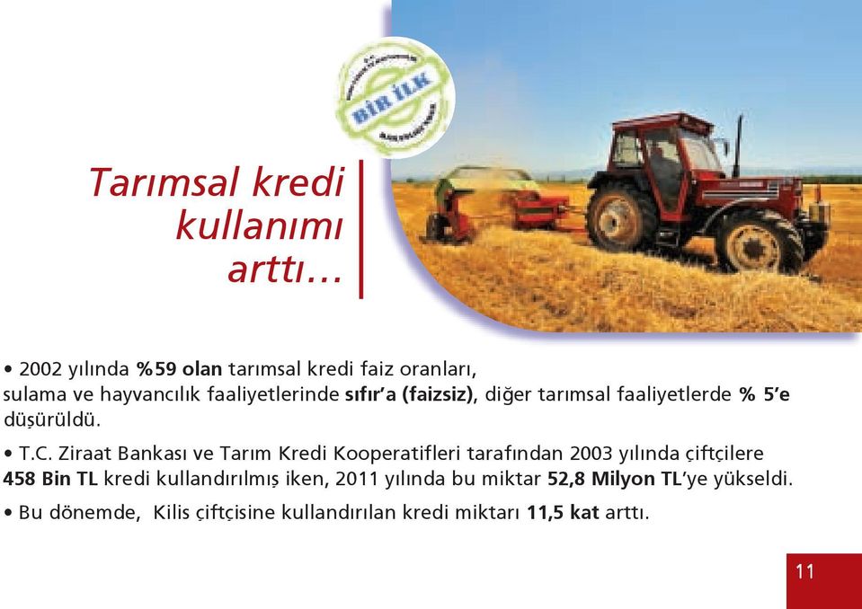 Ziraat Bankası ve Tarım Kredi Kooperatifleri tarafından 2003 yılında çiftçilere 458 Bin TL kredi