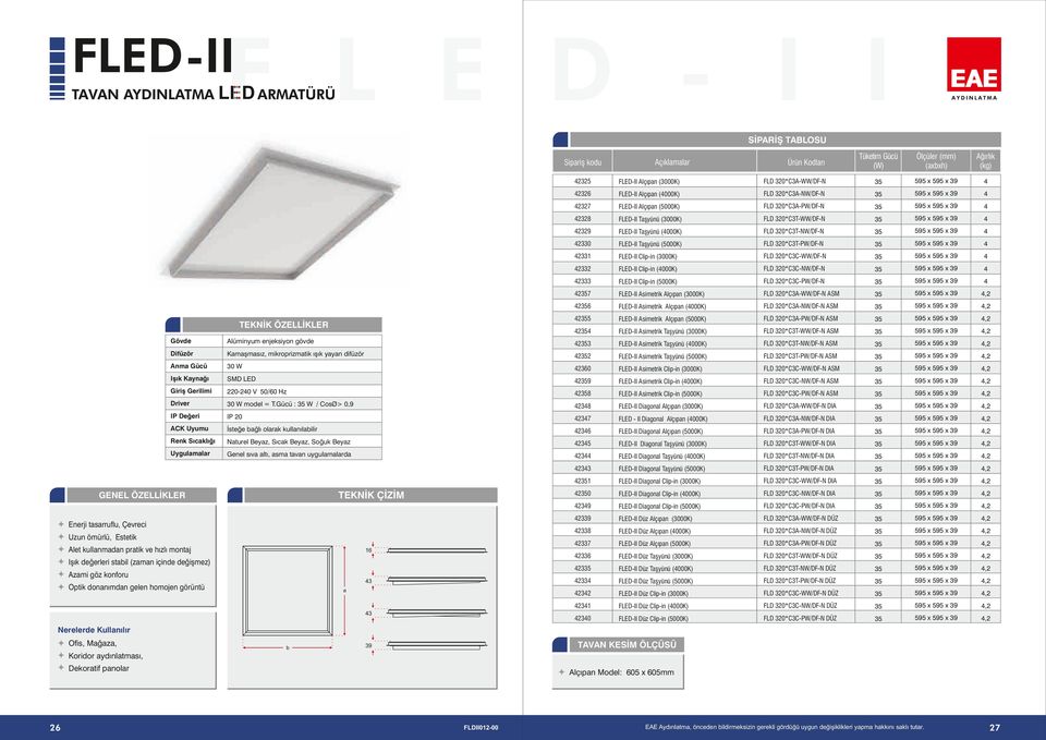 x x 3 2332 FLEDII Clipin (000K) FLD 320*C3CNW/DFN 3 x x 3 2333 FLEDII Clipin (000K) FLD 320*C3CPW/DFN 3 x x 3 23 FLEDII Asimetrik Alçıpan (3000K) FLD 320*C3AWW/DFN ASM 3 x x 3,2 2 FLEDII Asimetrik