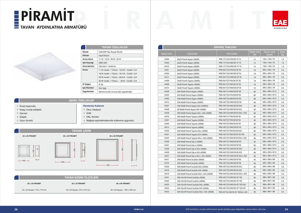 Gücü :, W / CosØ> 0, 0 30x30 Piramit Alçıpan (000K) PRM 26*C2ANW/CM 30*30 2 x 2 x 8 2, model = T.Gücü : 2, W / CosØ> 0, 30x30 Piramit Alçıpan (3000K) PRM 26*C2AWW/CM 30*30 2 x 2 x 8 2, 3 W model = T.