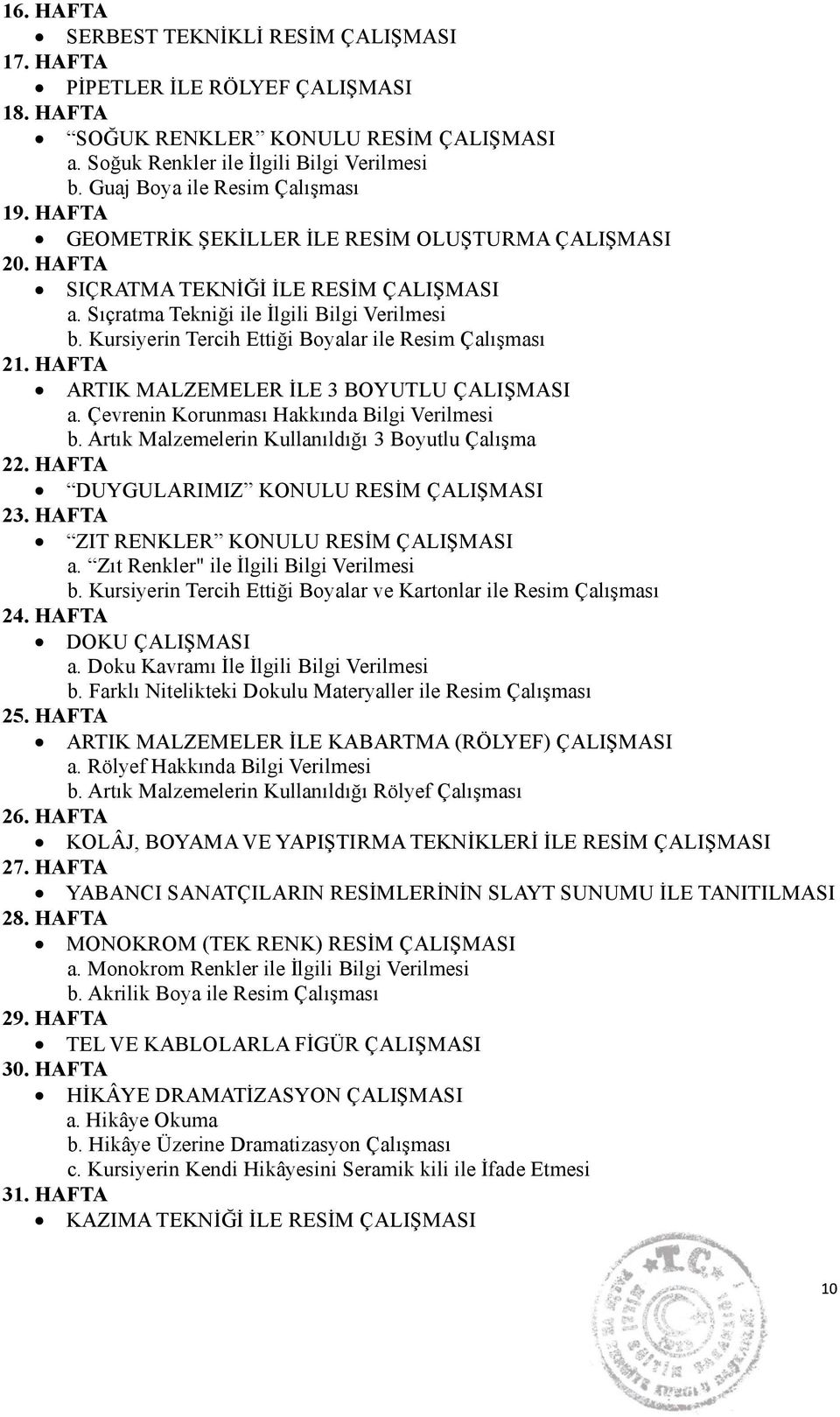 Kursiyerin Tercih Ettiği Boyalar ile Resim Çalışması 21. HAFTA ARTIK MALZEMELER İLE 3 BOYUTLU ÇALIŞMASI a. Çevrenin Korunması Hakkında Bilgi Verilmesi b.