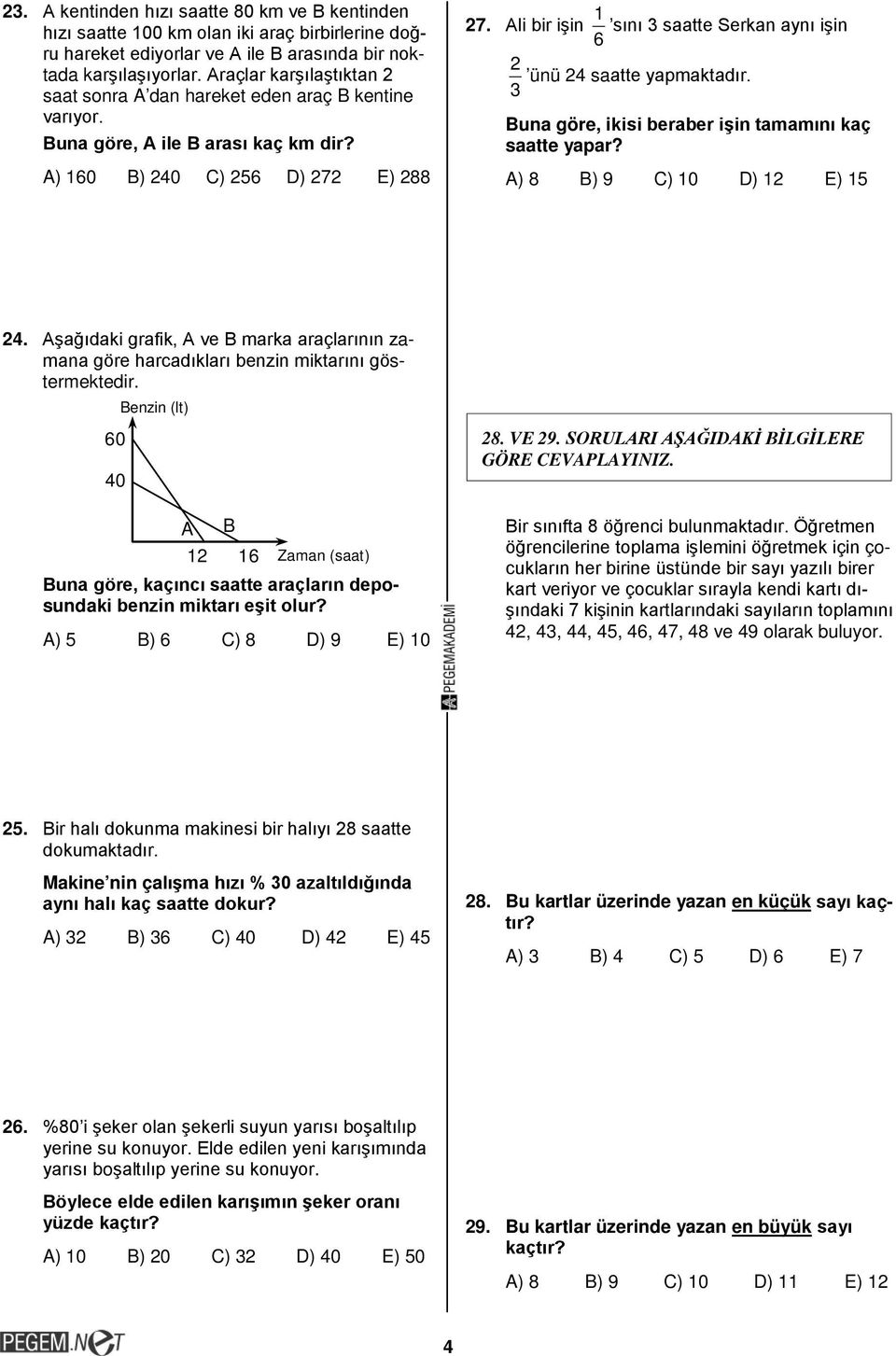 3 Bun göre, ikisi erer işin tmmını kç stte ypr? ) B) 9 ) 10 D) 1 E) 15. şğıdki grfik, ve B mrk rçlrının zmn göre hrcdıklrı enzin miktrını göstermektedir.