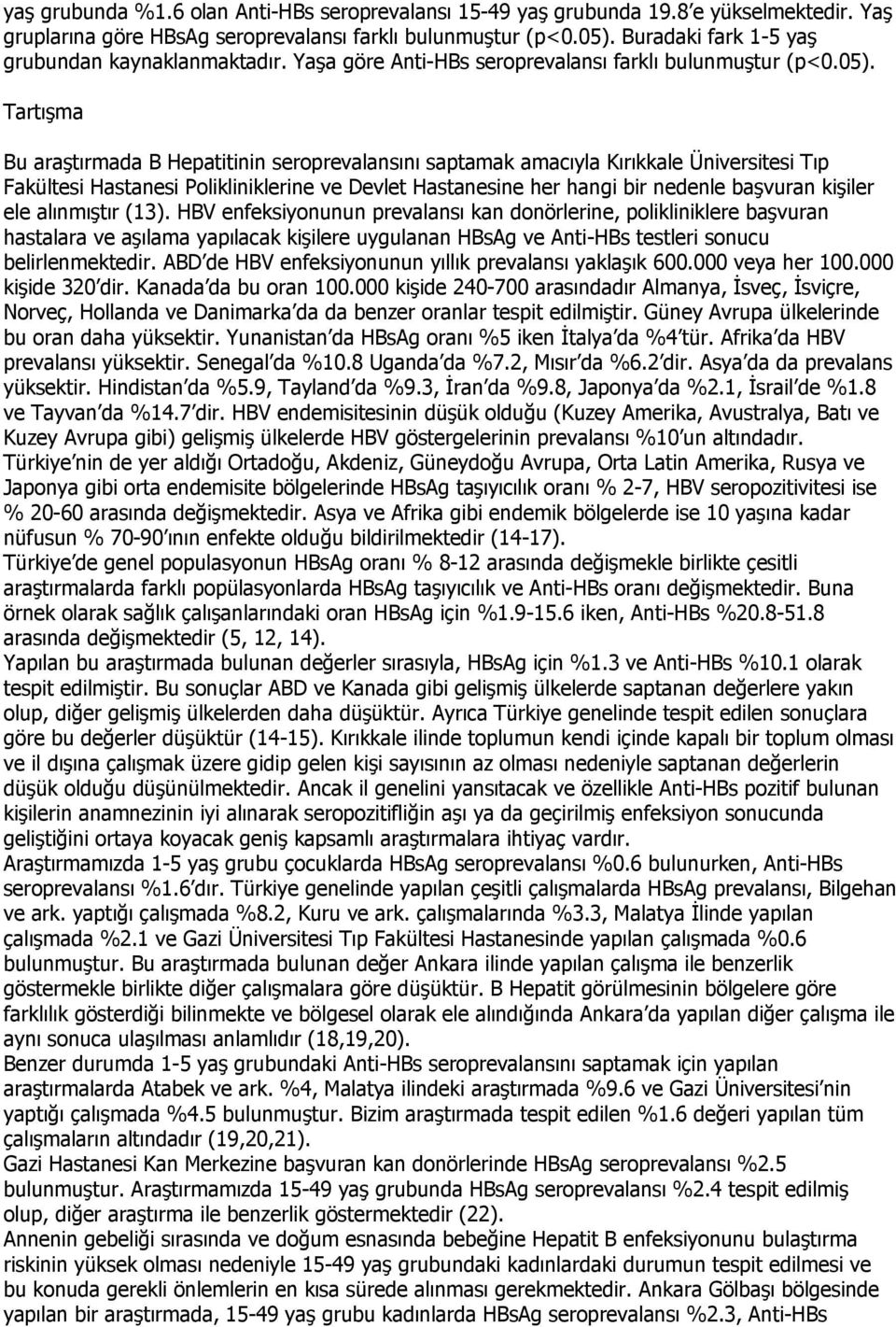 Tartışma Bu araştırmada B Hepatitinin seroprevalansını saptamak amacıyla Kırıkkale Üniversitesi Tıp Fakültesi Hastanesi Polikliniklerine ve Devlet Hastanesine her hangi bir nedenle başvuran kişiler