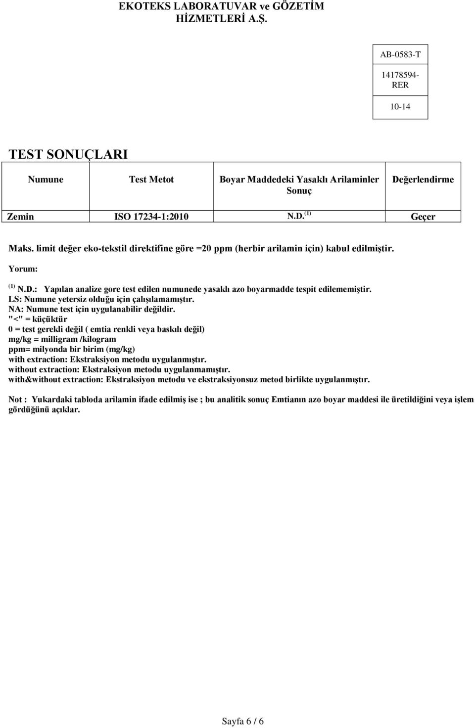 "<" = küçüktür 0 = test gerekli değil ( emtia renkli veya baskılı değil) mg/kg = milligram /kilogram ppm= milyonda bir birim (mg/kg) with extraction: Ekstraksiyon metodu uygulanmıştır.