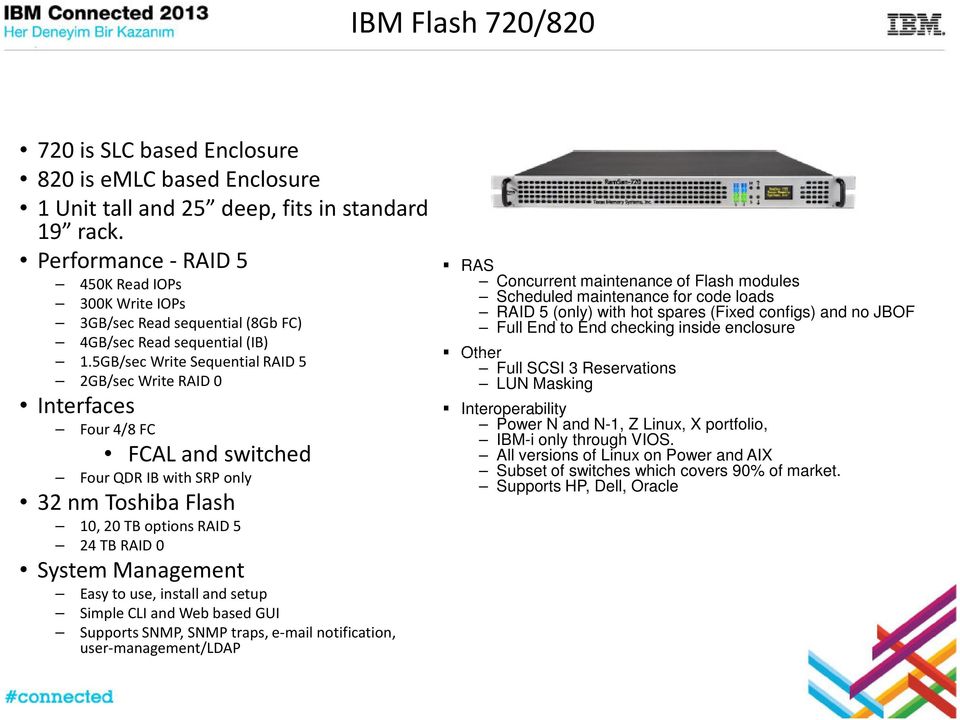 5GB/sec Write Sequential RAID 5 2GB/sec Write RAID 0 Interfaces Four 4/8 FC FCAL and switched Four QDR IB with SRP only 32 nm Toshiba Flash 10, 20 TB options RAID 5 24 TB RAID 0 System Management