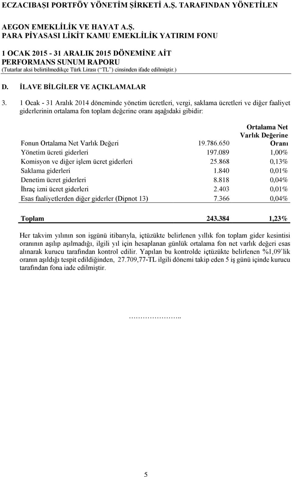 786.650 Ortalama Net Varlık Değerine Oranı Yönetim ücreti giderleri 197.089 1,00% Komisyon ve diğer işlem ücret giderleri 25.868 0,13% Saklama giderleri 1.840 0,01% Denetim ücret giderleri 8.